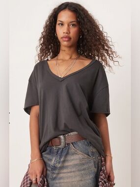 Free People Washed Charcoal V-Neck Short Sleeve Top